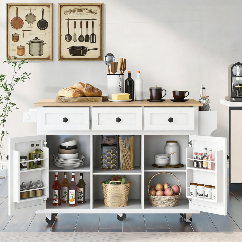 Chariot de cuisine polyvalent avec comptoir rabattable, rangement réglable et deux options de mobilité pour les maisons modernes.