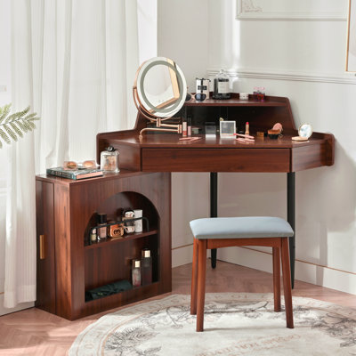 Bureau de coiffeuse de coin avec miroir et lumières à DEL, ensemble de coiffeuse moderne avec miroir et tabouret, coiffeuse avec grand rangement pour petite place, miroir pliant réglable en luminosité, noyer