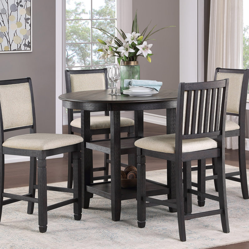 Ensemble de salle à manger élégant à hauteur de comptoir 5 pièces avec tablettes intégrées et chaises en bois, Noir, Beige