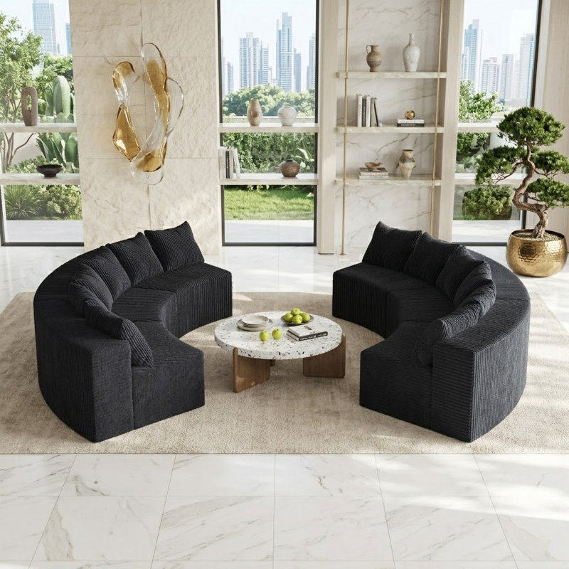 Canapé modulaire courbé Corduroy, 6 sièges, Noir