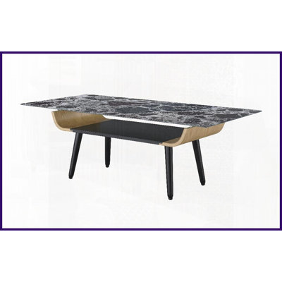 47” Landon Coffee Table with Black Marble-Textured Glass Top &amp; Bent Wood Design – Easy-Clean &amp; Modern