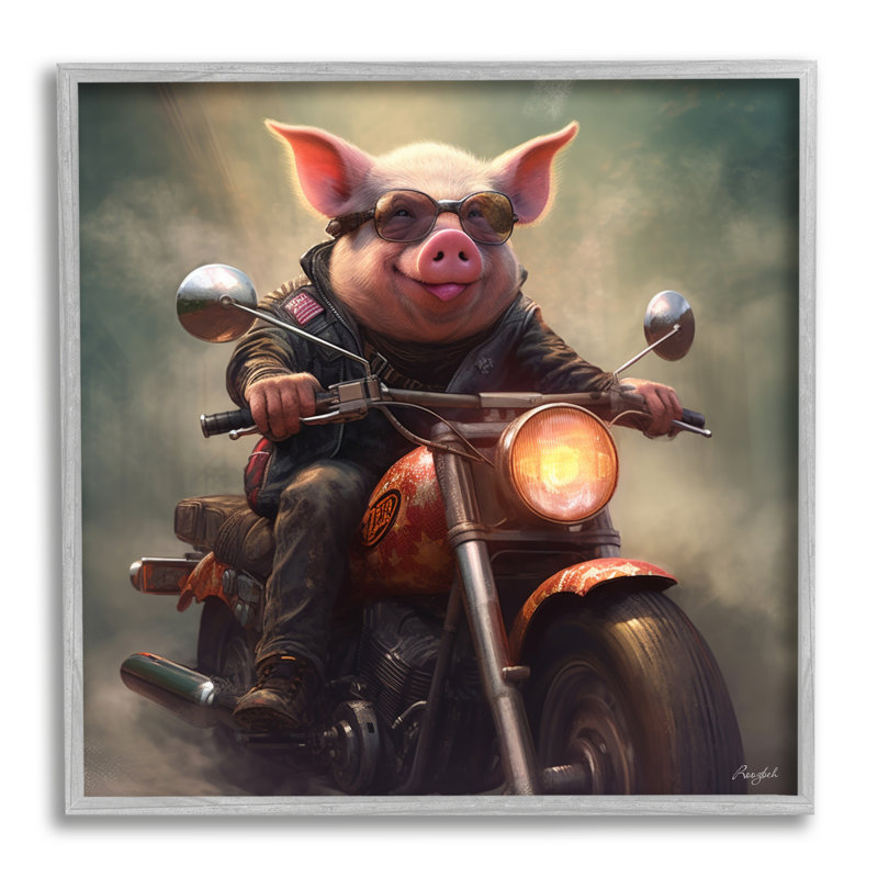 Az-168, reproduction de cochon sur une moto sur toile par Roozbeh, H 17 po x l 17 po x P 1,5 po, Estampe numérique Farmhouse