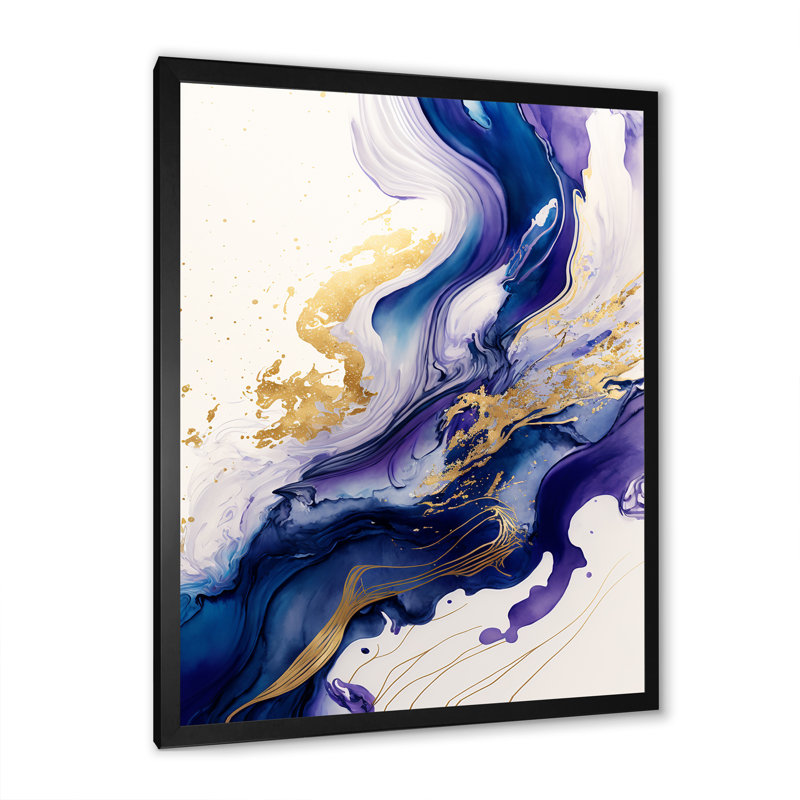 «Blue and Gold Splash Paint IV - Abstract Spirals», art mural encadré, Impression noire sur toile encadrée