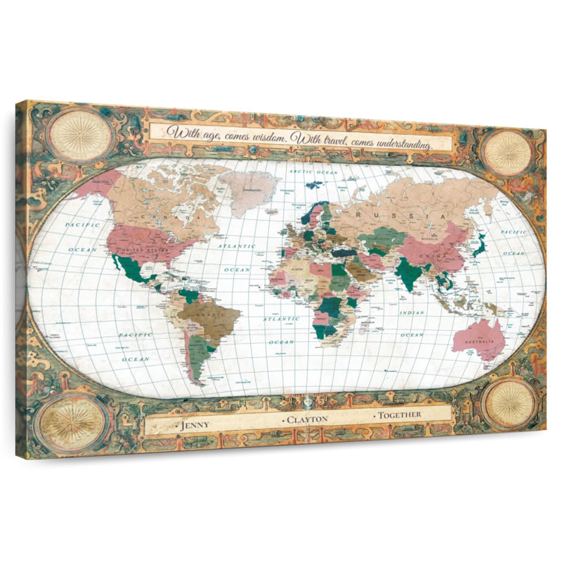 Personalized Travel Wisdom I Push Pin World Milstead, 32" H x 48" W, Yes