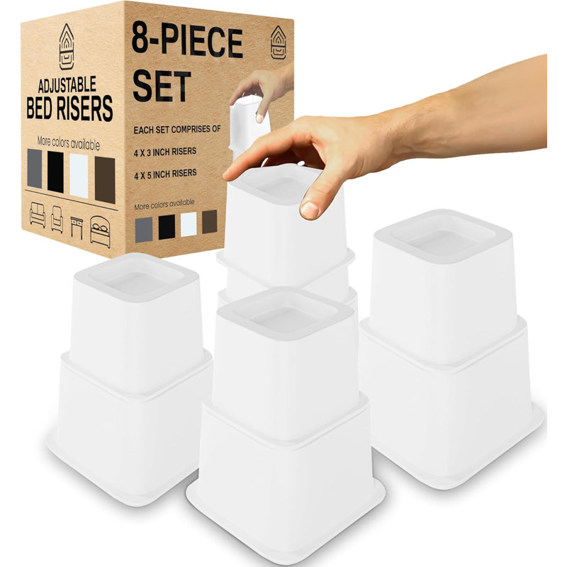 Home Intuition Heavy Duty Adjustable Bed Risers Furniture Riser 3, 5 or 8-Inch, 4 Pack, 8-Piece Set (White), White