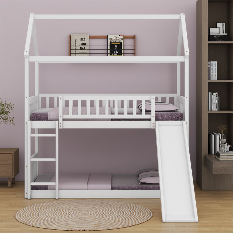 House Bunk Bed With Slide, White