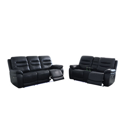 165" Black Leather Power Recliner Living Room 2-Piece Sectional Sofa Set