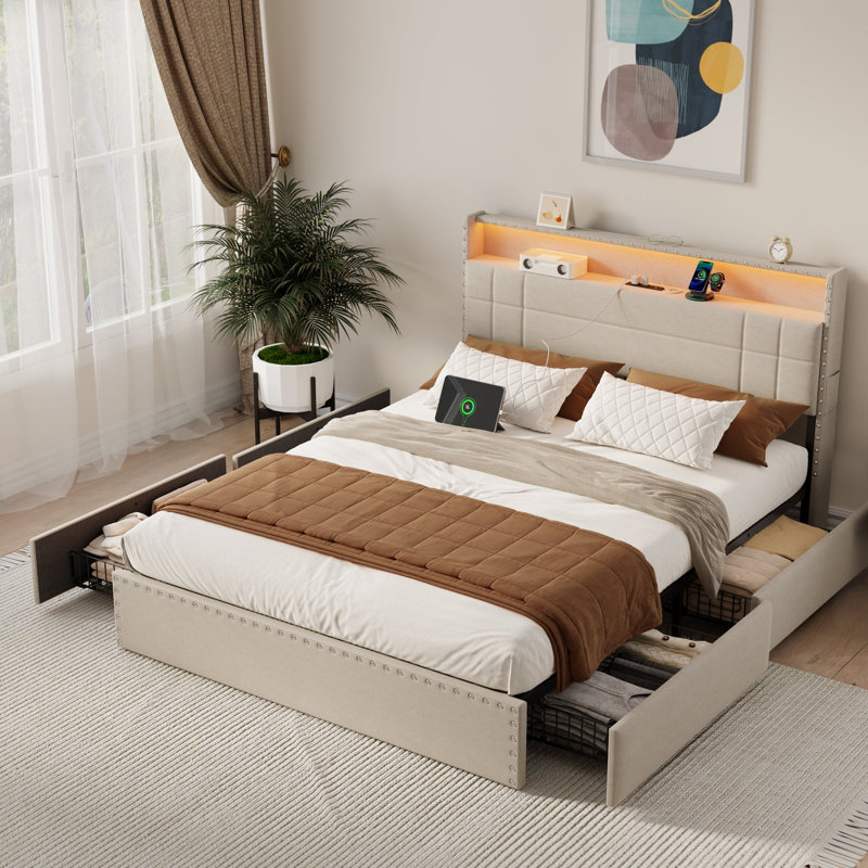 Queen Modern Upholstered Platform Bed Frame with LED Lights, Charging Station, 4 Storage Drawers, Metal Slats Support, USB & Type-C, No Box Spring Needed