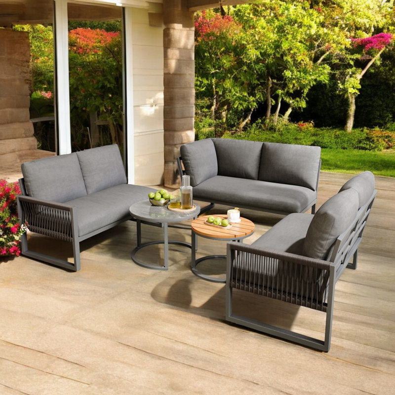 Outdoor Conversation Sets For 6-7 People With Galvanized Iron Frame Corner Sofa, Grey/Black