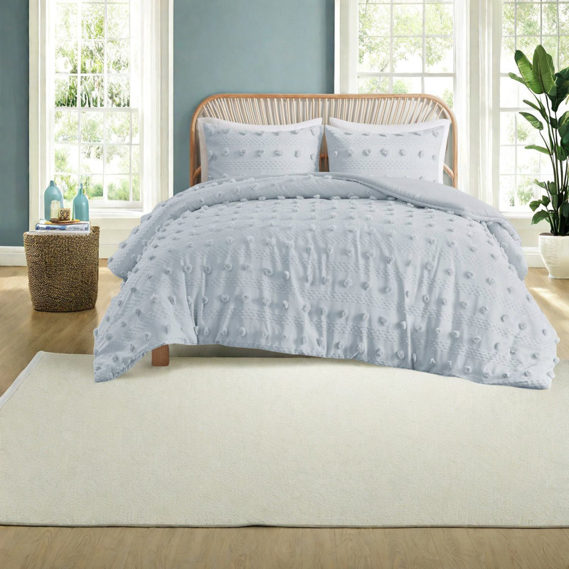 de literie pour lit simple / simple TG, jacquard en polyester avec détails à pompons, bleu