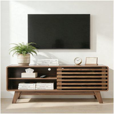 TV Stand with Storage, Entertainment Center with Slatted Sliding Door, Mid Century Modern TV Stand, Farmhouse Media Console for Living Room (Walnut, 46")