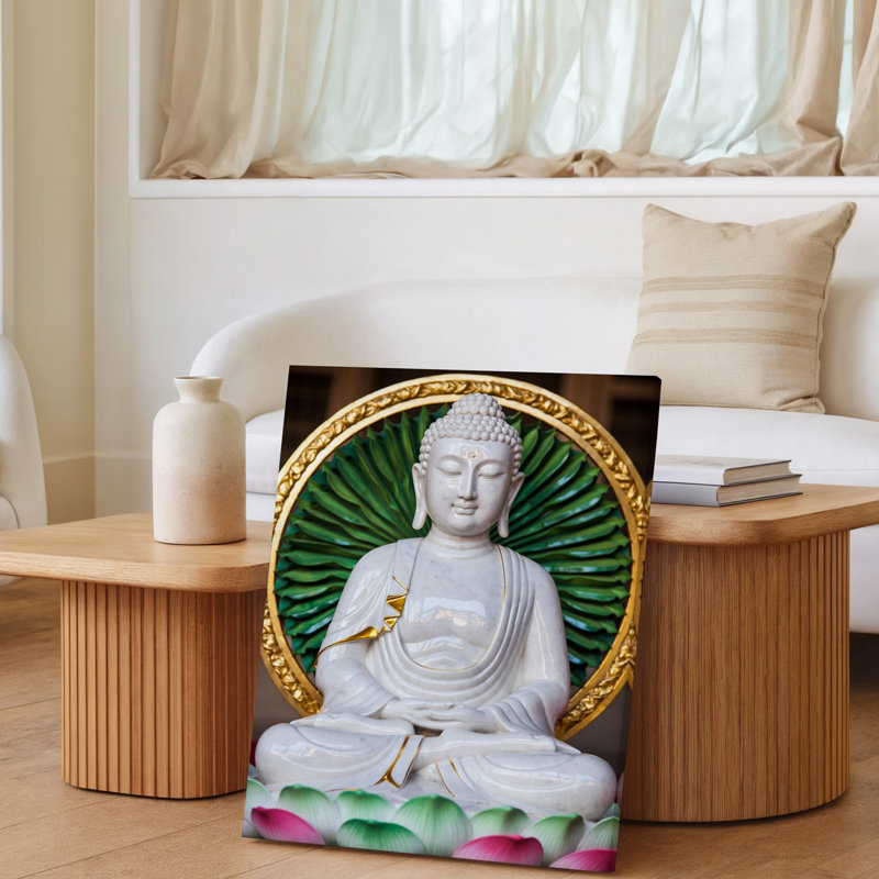 Toile, statue de Bouddha en marbre blanc serein avec détails complexes, art mural, une expression calme et yeux fermés