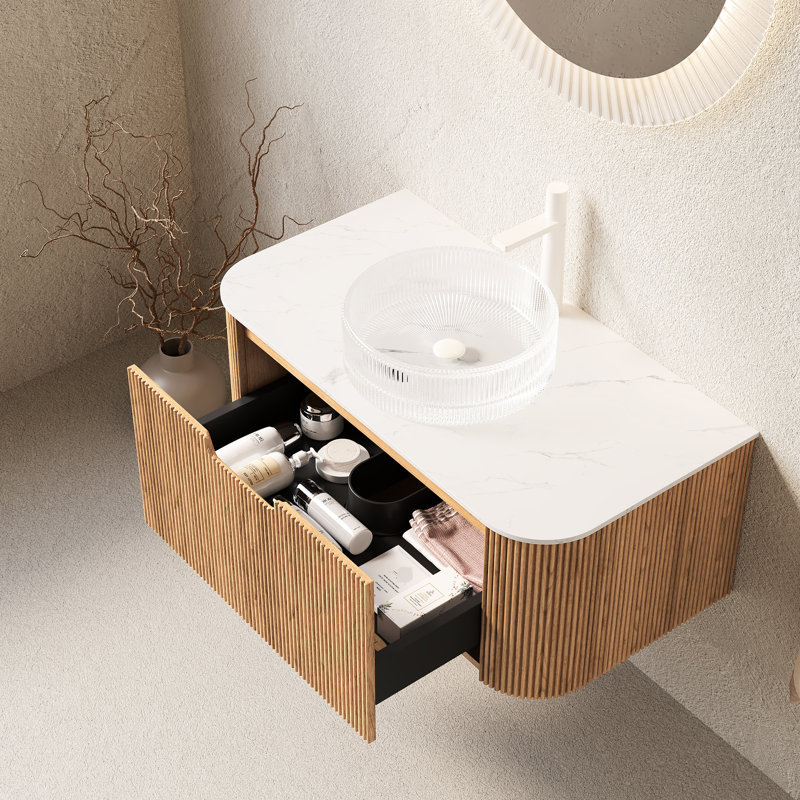 Meuble-lavabo de salle de bain 36 po avec lavabo en cristal transparent de couleur naturelle, lavabo rond à fermeture en douceur, tiroir, système, grand espace de rangement