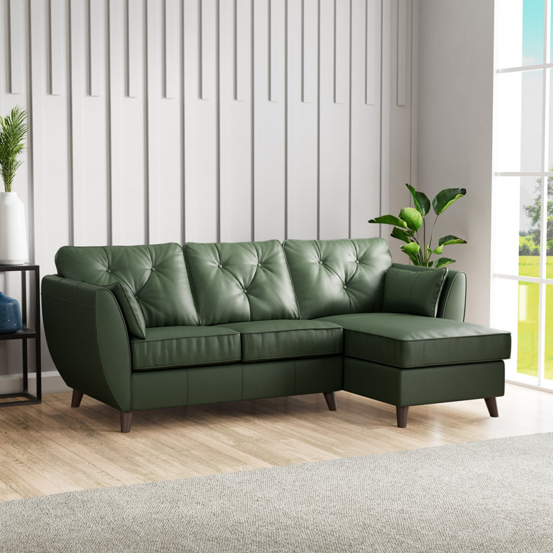 Hoxton 3 Seater Leather Maxi Sofa Chaise, Right Hand Facing, Hunter Green, Dark Wood