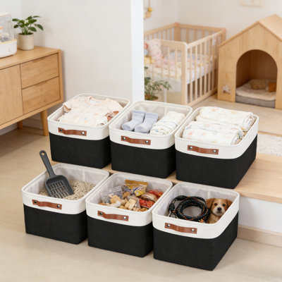 6 paniers de rangement pour placard, bacs de rangement pour tablettes, boîtes de rangement pliables et paniers avec poignées en cuir pour organiser les vêtements, draps, jeans, jouets, livres