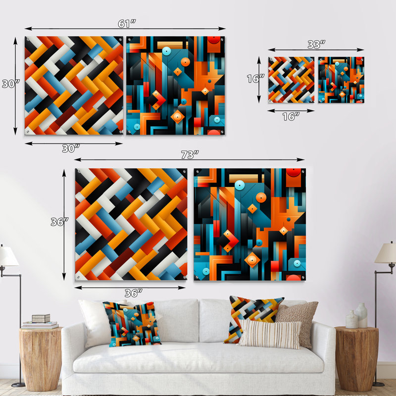 Cheryln - Ensemble de 2 peintures murales abstraites géométriques en acrylique, H 36 po x l 73 po