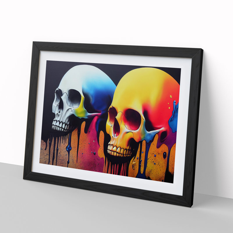 Dripping Paint Skulls - Single Picture Frame Painting, 25cm H x 34cm W x 2cm D, Black