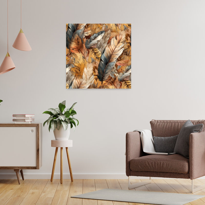 Motif de plumes terreuses, élégant oiseau rustique abstrait automne, art mural nature, H 24 po x l 24 po