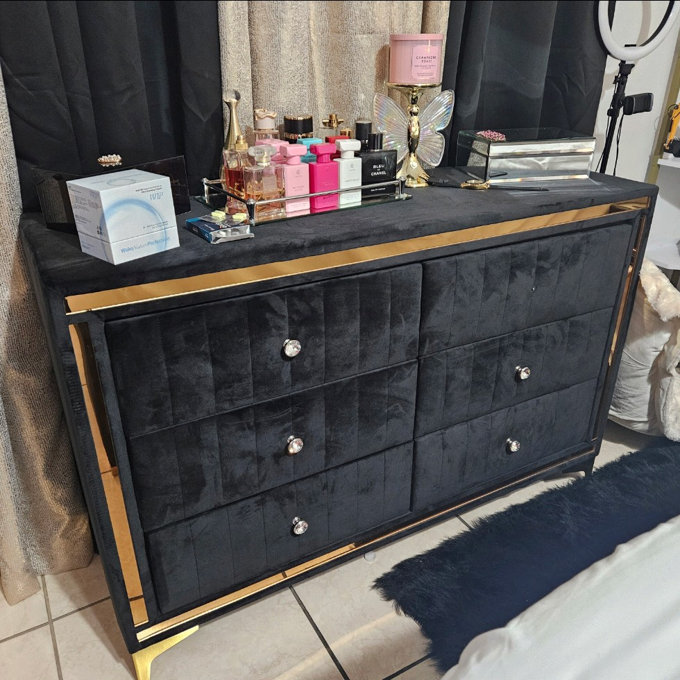 Mercer41 Scher Velvet 6 Drawer Dresser Fully Assembled with Gold Legs and Trim & Reviews | Wayfair Mercer41 Scher Velvet 6 Drawer Dresser Fully Assembled with Gold Legs and Trim & Reviews | Wayfair