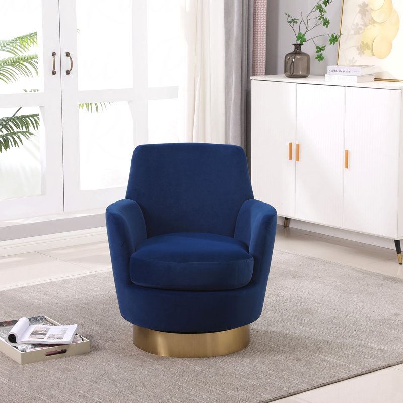 Fauteuil demi-tonneau pivotant en velours, fauteuil d'appoint pivotant pour le salon, fauteuil de lecture pour la chambre à coucher confortable, fauteuil demi-tonneau rond avec base en acier inoxydable doré (bleu marine)