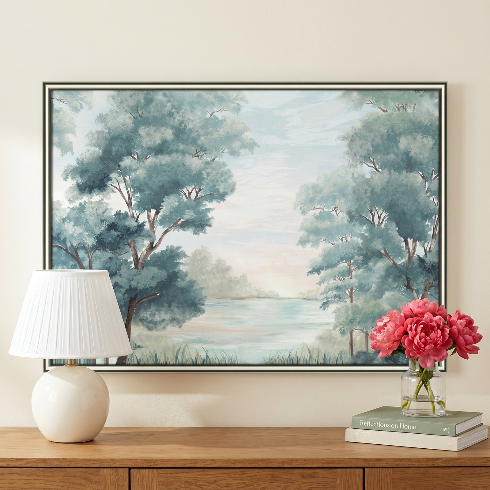 LeeRoy "Calm Forest River" Painting, Silver Framed, 26.75" H x 36.75" W x 0.87" D