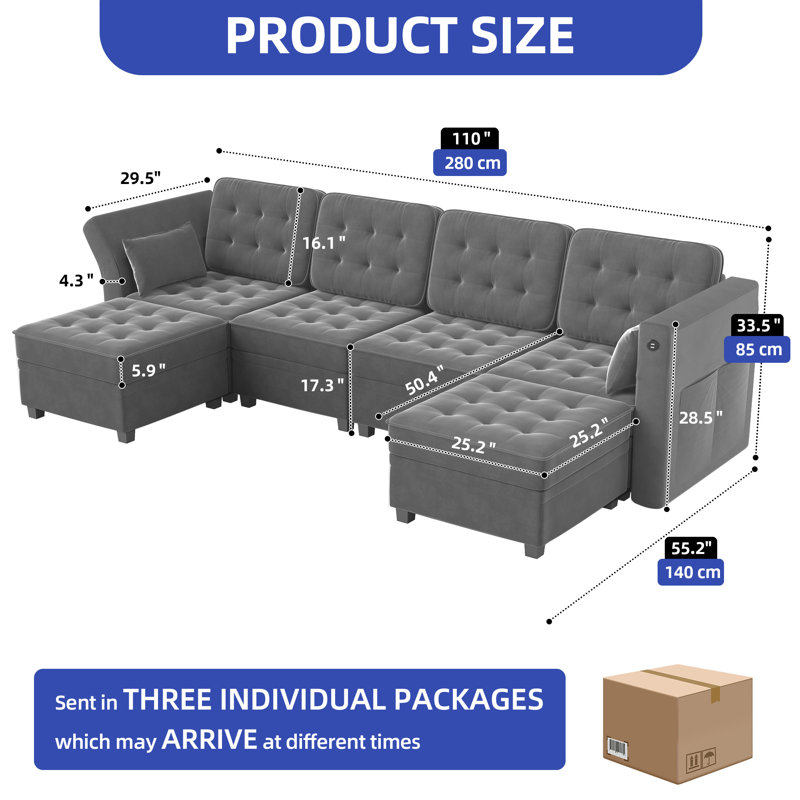 Canapé modulaire pour 6 personnes avec port USB, accoudoirs réglables et rangement