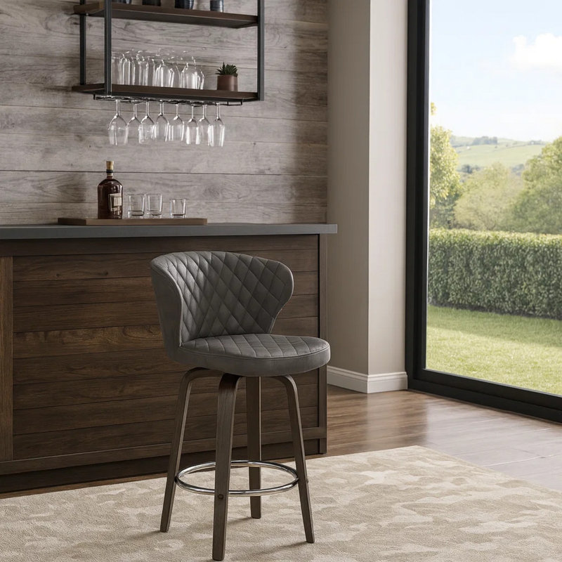 Stevan Swivel Counter & Bar Height Barstool with Metal Footrest in Faux Leather, and Wood, Bar Stool (30" Seat Height)