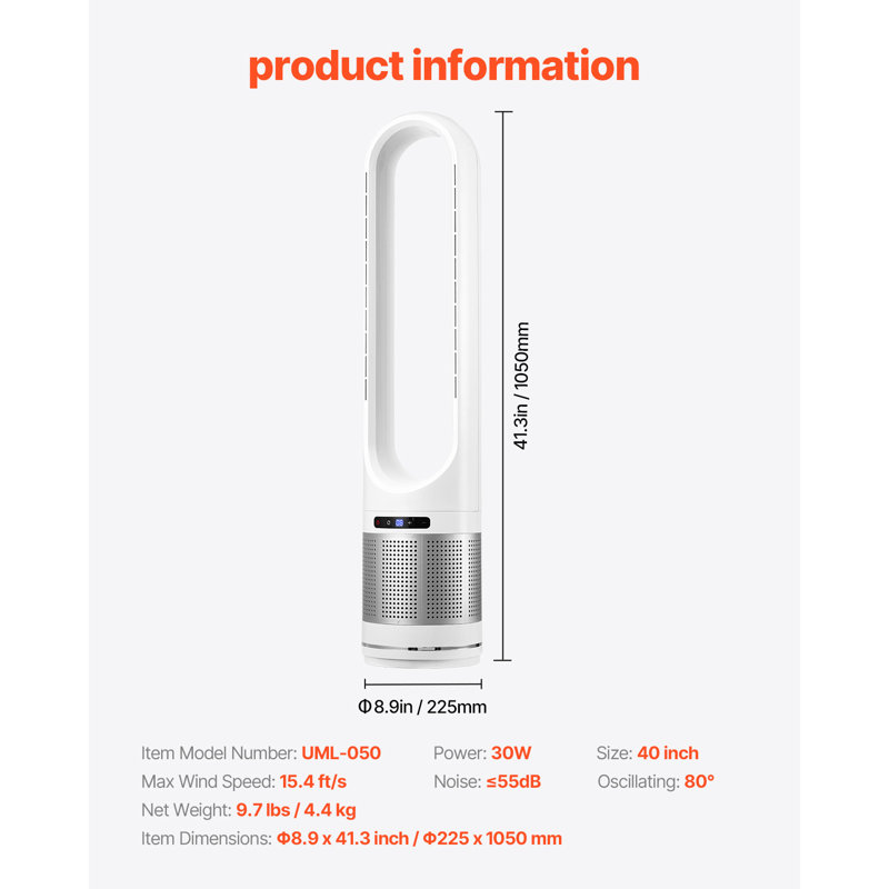 Oscillating Tower Fan 8H Timer 15.4ft/s High Velocity with Remote Control, Silver/White, 41.3" H x 8.9" W x 8.9" D