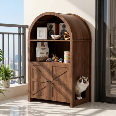 Arched Top Cat Litter Box Furniture Hidden - Rustic Wood Cat Washroom Storage Cabinet With Double Doors
