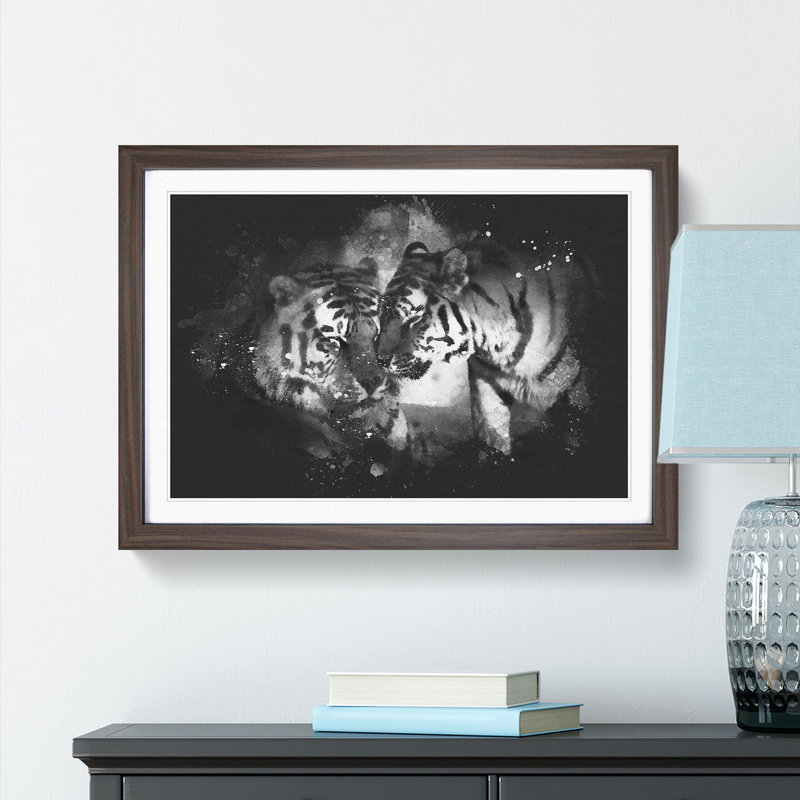 Two Snuggling Tigers - Picture Frame Graphic Art Print, Walnut Framed, 33cm H x 45cm W x 2cm D