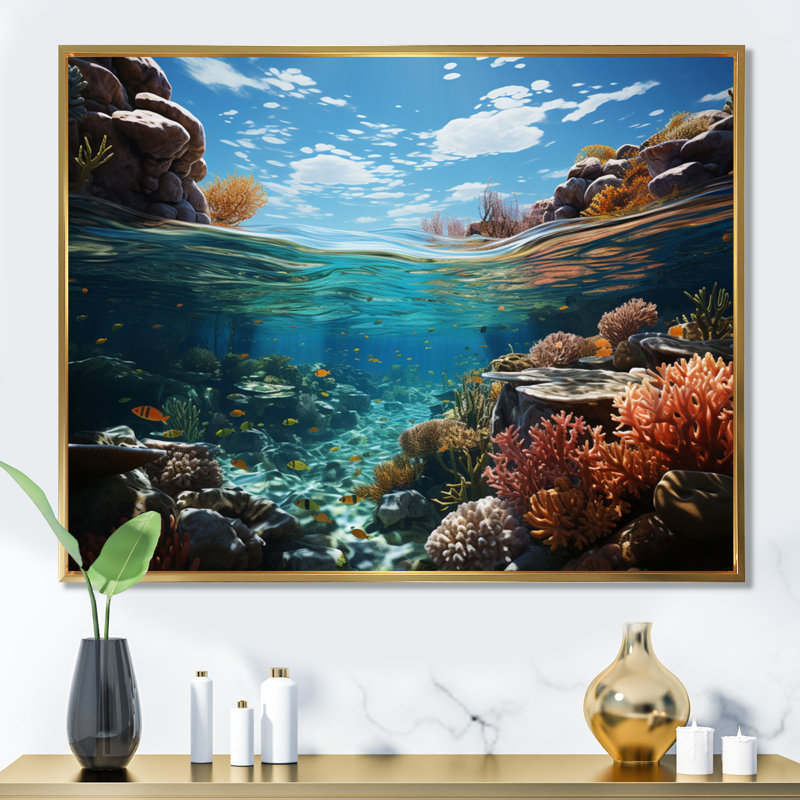 «Australie Great Barrier Reflections», reproduction d'art sur toile, H 34 po x l 44 po x P 1,5 po, Cadre flottant doré