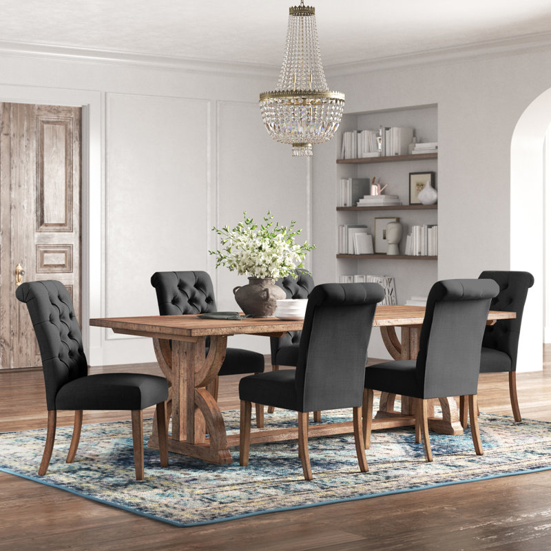 Aldrina 6 - Person Solid Wood Top Trestle Base Dining Set, Dark Grey Linen