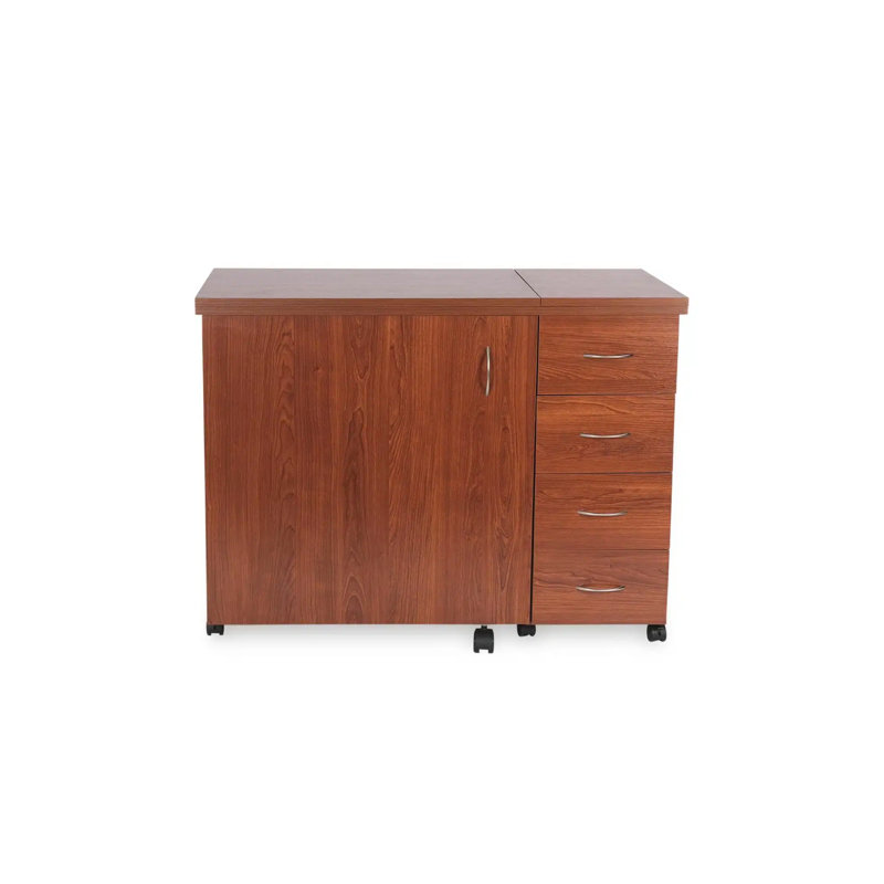 Ash White Foldable Sewing Cabinet with Drawers and Wheels