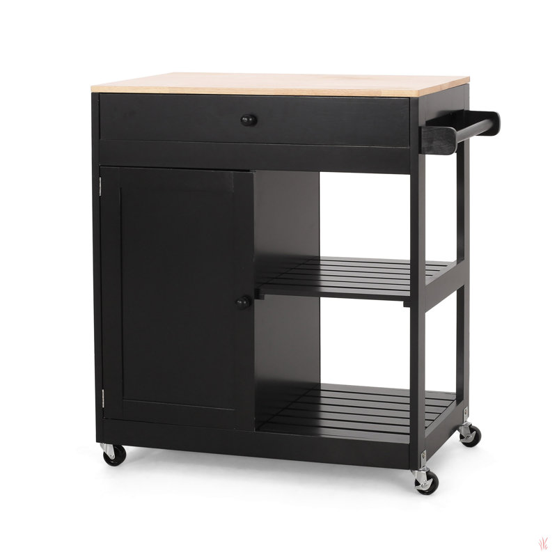 Chariot de cuisine avec plateau en bois massif, Noir