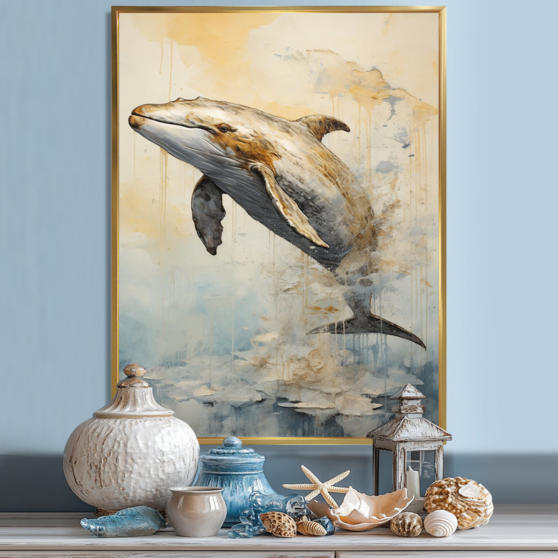 " Breaching Whale ", 44" H x 34" W x 1.5" D, Gold Floater Framed