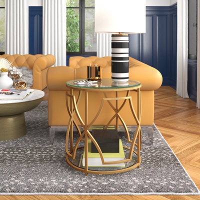Pangea Home Benson Edward Round Glass End Table with Storage - Modern Round Side Table – Tempered Glass Top with Brass Steel Base for Living Room or Bedroom - Brass End/Side Table