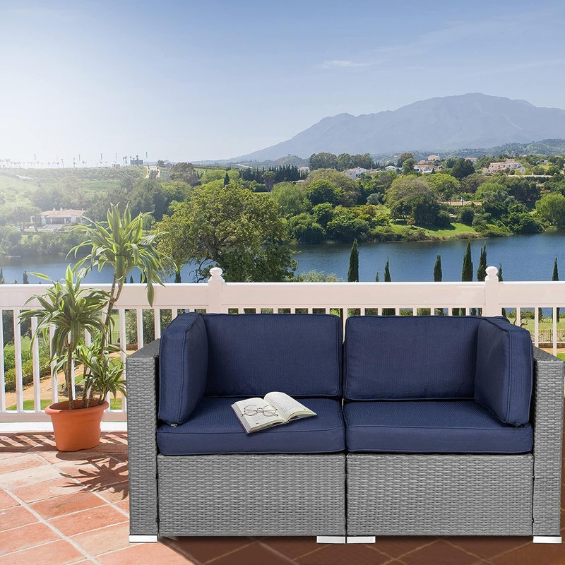 Rister 59'' Wide Wicker with Cushions, Navy Blue