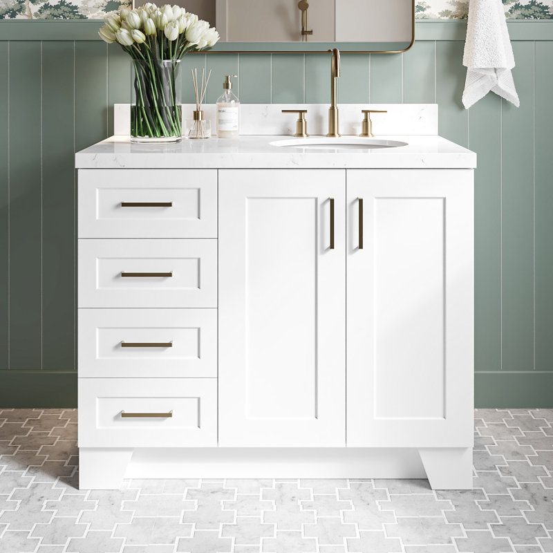 ARIEL Taylor 42.25 Single Sink Bathroom Vanity with Man-Made Stone Top-Oval, Right, Oval, White