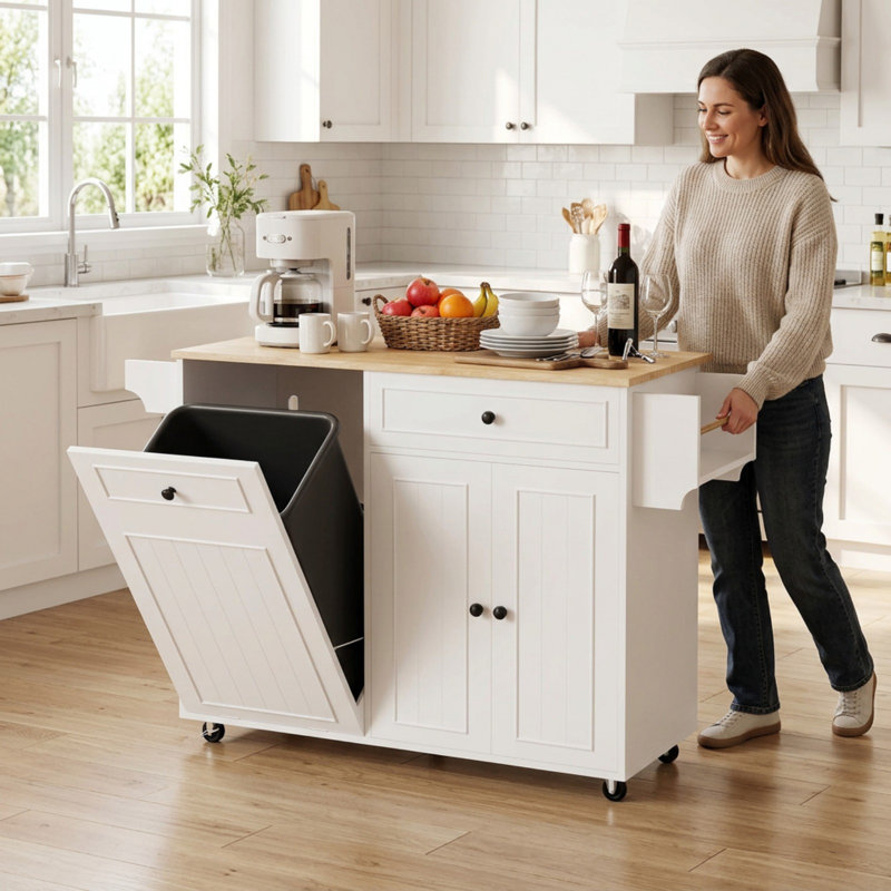 Rolling Kitchen Island Cart With Trash Can Storage, Power Outlet, Drop Leaf & One Drawer