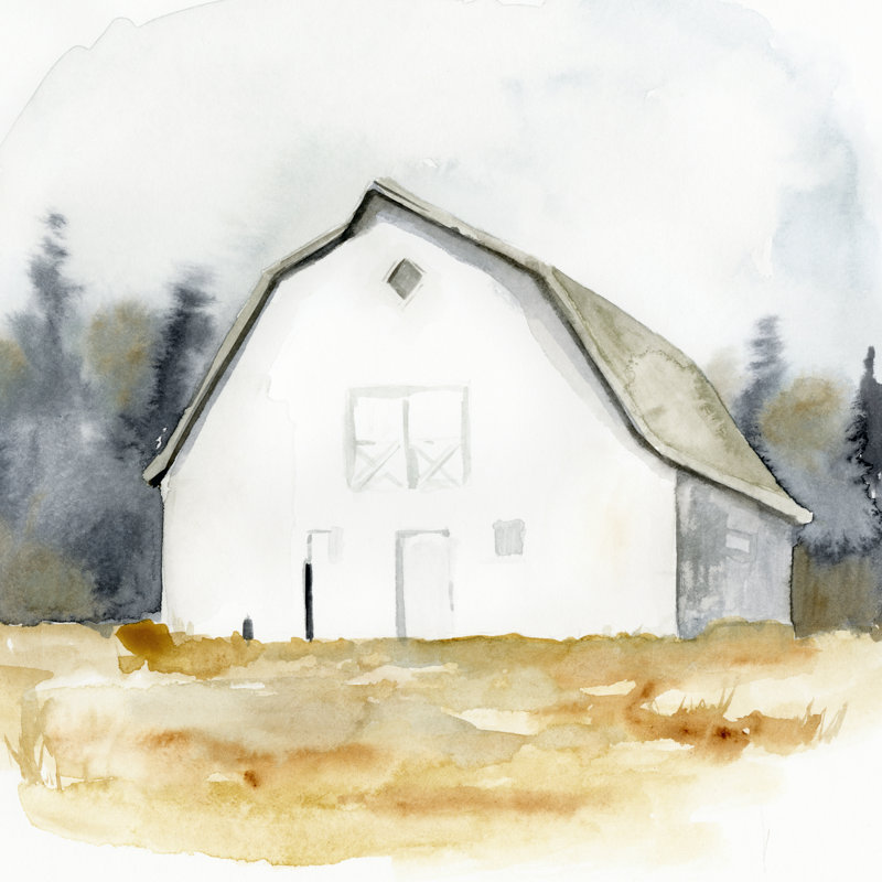 «White Barn Watercolor III» par Victoria Barnes - Peinture, H 20 po x l 20 po, Non, Cadre simple érable érable