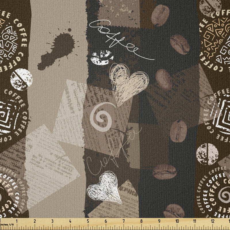 Chrstine Coffee Typography Hearts and Beans on Abstract Striped Grungy Backdrop Multi-Purpose Fabric