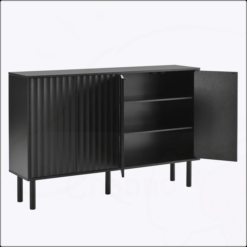 Armoire à chaussures minimaliste avec 5 pieds en bois massif, buffet de style crème, grand rangement à 4 portes pour le salon, noir, 55,1 x 13,7