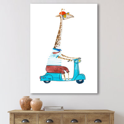" Giraffe Dressed Up Wearing Helmet And Riding Scooter " Painting Print