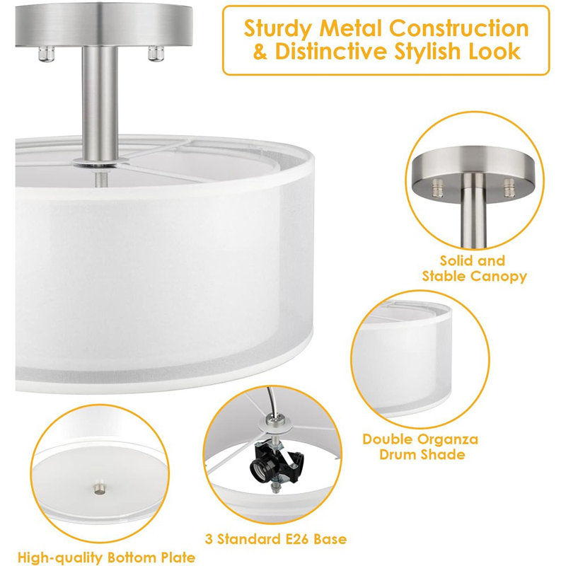 3-Light Semi Flush Mount Ceiling Light Fixture, Drum L...