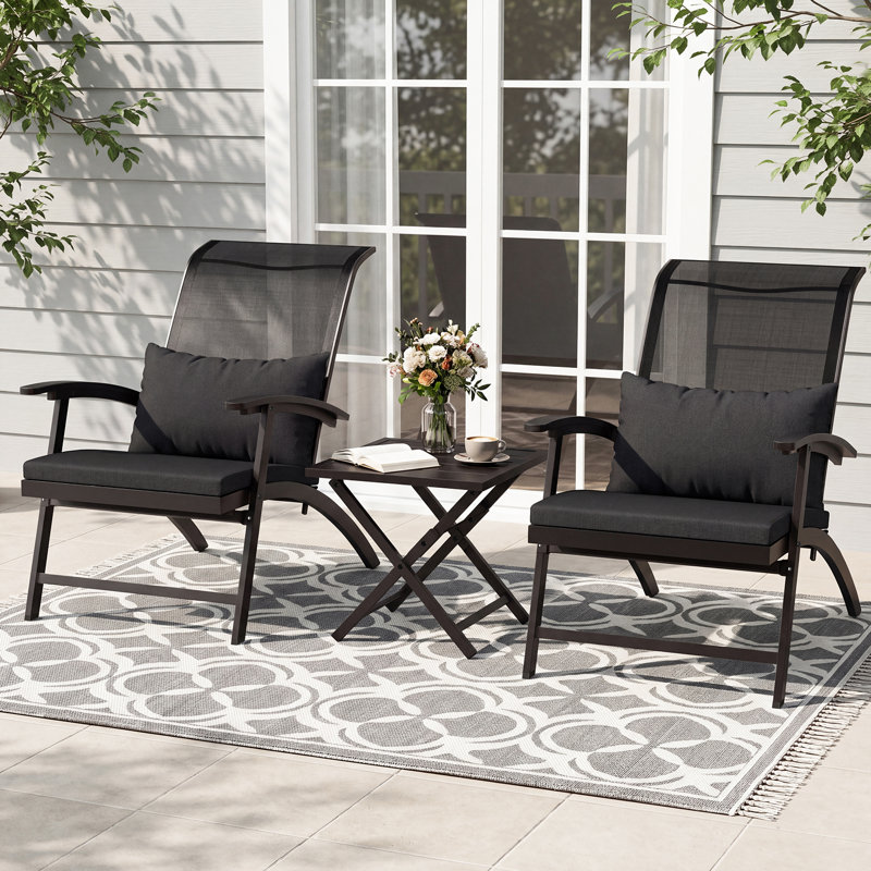 3-Piece Outdoor Patio Furniture Set, Folding Conversation Set with Coffee Table, Adirondack Chairs for Garden, Balcony, Backyard, Poolside, All-Weather Wicker Patio Chairs (Black Cushion)