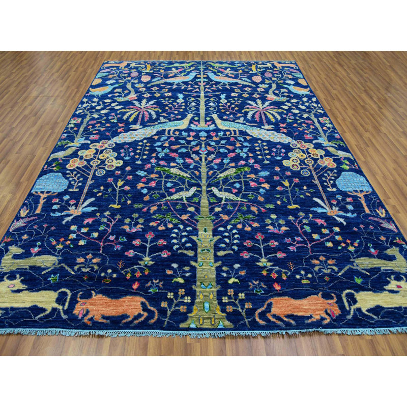 Tapis traditionnel bleu royal en laine noué à la main 9 pi 0 po x 12 pi 0 po