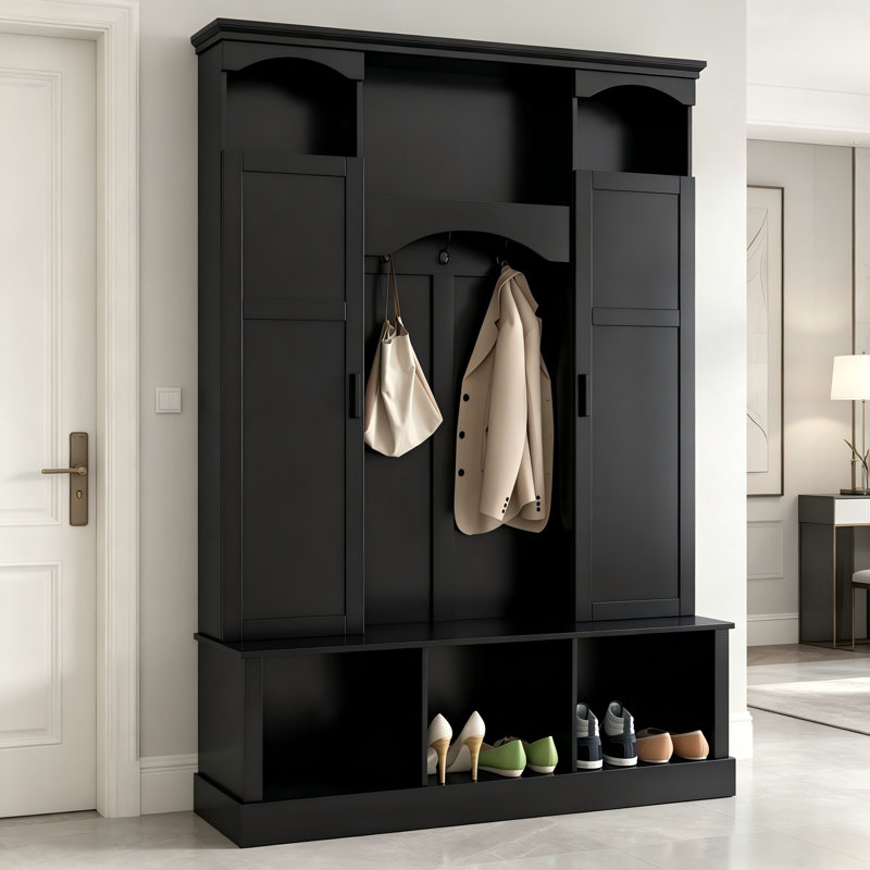 All-In-One Black Entryway Storage Unit: Arched Storage Bench With 7 Hooks And Adjustable Shelving In Side Cabinets, Black