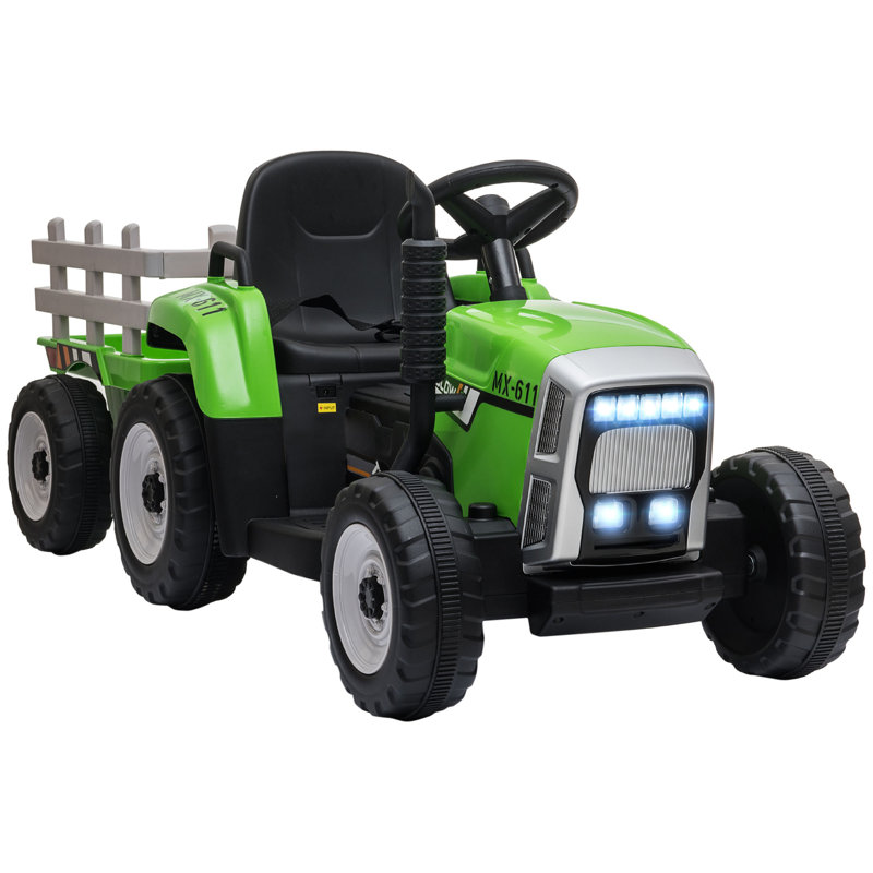 Green 12V Electric Ride-On Tractor with Trailer