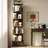 6-Tier 360° Rotating Bookshelf with Curved Shelves and Baffles, Walnut Wooden Corner Bookcase with Bottom Cabinet