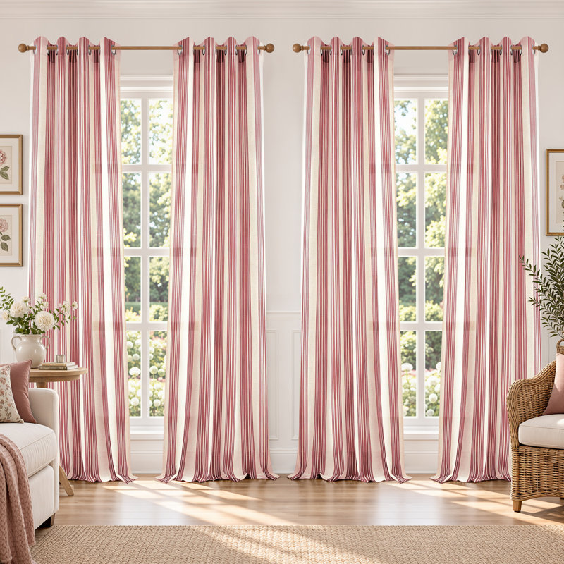 Rideaux semi-transparents en lin avec motif à rayures Chris, Rouge, L 52 po x L 96 po